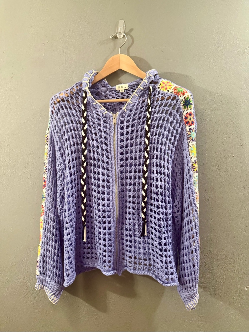 POL Lavender Crochet Zip Hoodie with Floral Trim